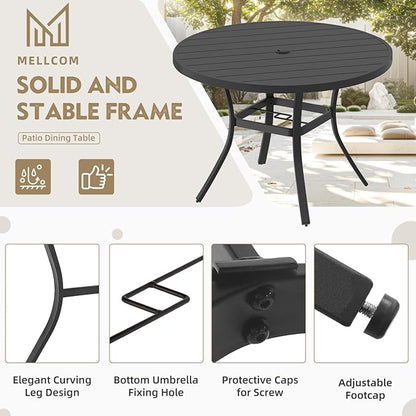 MELLCOM 42'' Round Outdoor Dining Table for 4, Metal Patio Dining Table with Umbrella Hole, All-Weather Black Table for Porch, Garden, Backyard, Poolside, Lawn