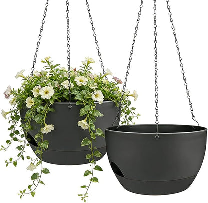 Set of 2-8 Inch Self Watering Hanging Planters for Indoor Outdoor，Hanging Plant Pots with Drainage & Removable Tray, Hanging Pots Holder for Ivy, Pothos, Ferns, Balcony & Patio, Black