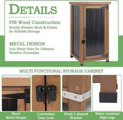 Small Outdoor Storage Cabinet Waterproof with Metal Top, Wood & Metal Outside Potting Bench Table Tool Organizer with Adjustable Shelf for Patio Backyard Garden