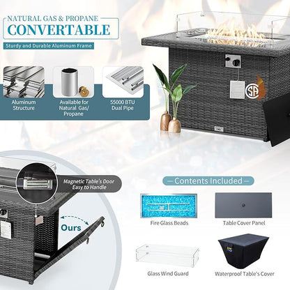 NICESOUL 29.3'' High-Back Outdoor Patio Furniture Set with Firepit Propane & Natural Gas, Oversized Deep Seat Rattan Conversations for Tall People, 7 Piece Couches, 2 Color Cushions Turquoise & Grey