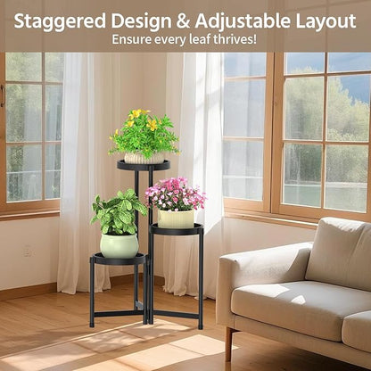 LASZOLA 3 Tiered Folding Plant Stand Indoor for Multiple Large Planter, Tall Heavy Duty Adjustable Rack with Rust Proof Plastic Shelving, Sturdy Vertical Tree Organizer for Narrow Inside Floor, Black