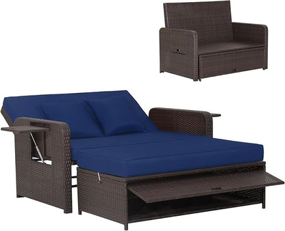HAPPYGRILL Patio Rattan Wicker Daybed with Loveseat & Storage Ottoman, Outdoor Lounge Sofa Furniture Set with Adjustable Backrest & Side Trays, for Poolside Deck Porch Lawn (Mix Brown & Navy)