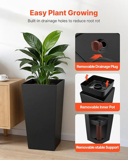 VEVOR 30 inch Tall Planters for Outdoor Plants Set of 2, Black Tall Planter for Indoor Plants, Modern Large Planters for Front Porch Patio Balcony, Plant Container Flower Pots with Built-in Drainage
