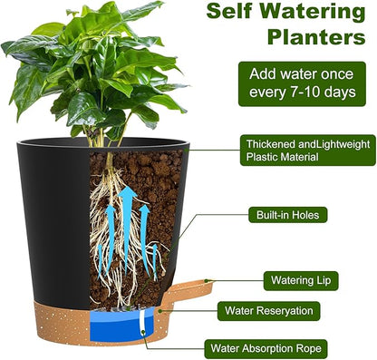 Self Watering Pots, 4 inch Flower Pots with Multi Mesh Drainage Holes, Small Platic Planters for Indoor Outdoor Garden Plants and Flowers (Black with Brown Tray, 4")