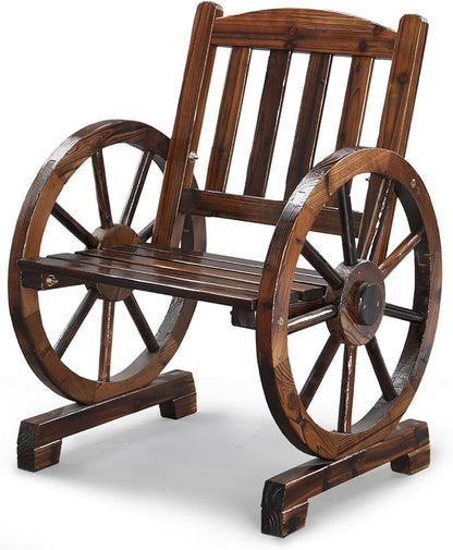 VINGLI Rustic Wooden Patio Chair with Wagon Wheel Armrests, Outdoor Dining Chairs Solid Wood Frame Seating for Farmhouse Garden Porch Lawn Balcony (Rustic, Chair)