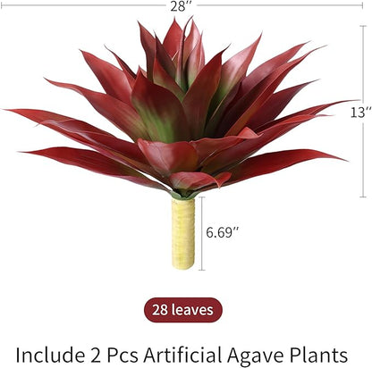 Ivydale Outdoor Faux Plants, 2 PCS 28" Artificial Agave Plant for Outdoors Outside Decoration, Large Fake Plants Realistic Greenery UV Resistant for Planter Porch Patio Yard Garden Indoor(Red)