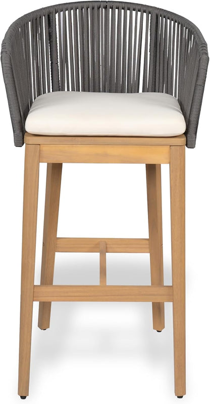 Christopher Knight Home Zax Set of 2 Patio Barstool, Acacia Wood & Rope Outdoor Counter Stool with Backrest/Footrest, Barstool Chairs with Cushion Seating for Backyard Balcony Garden, Beige+Gray+Teak