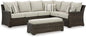 Signature Design by Ashley Brook Ranch Casual Nuvella Weather Resistant Fabric Right Hand Facing Outdoor Sofa Sectional/Bench with Cushion and 6 Throw Pillows, Set of 3, Beige & Dark Brown