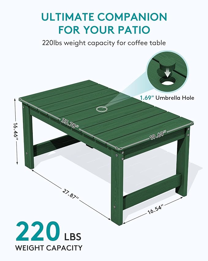 SERWALL Outdoor Coffee Table with 1.69" Umbrella Hole, HDPE Patio Coffee Table for Outside, Rectangle, Green