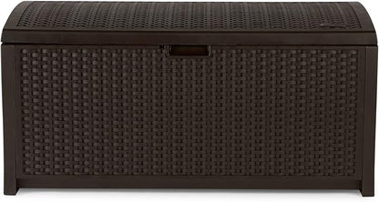 Suncast Outdoor Storage Box - 73 Gallon Mocha Brown Deck Box for Patio, Waterproof Outdoor Storage Bench, Resin Wicker Style, Heavy-Duty, Lockable Lid for Cushions, Shoes, Pool & Garden Gear