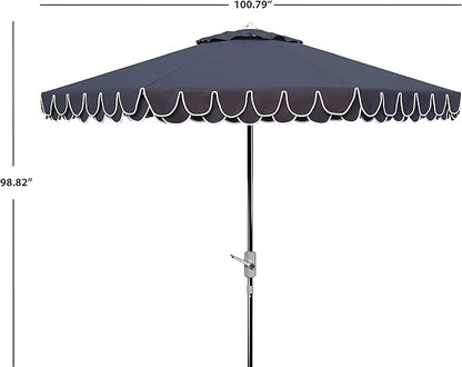 SAFAVIEH 9ft Outdoor Patio Umbrella, Round, Valance, White & Navy Trim, Auto Crank Tilt, UV Resistant for Deck, Backyard, Poolside (PAT8006G)