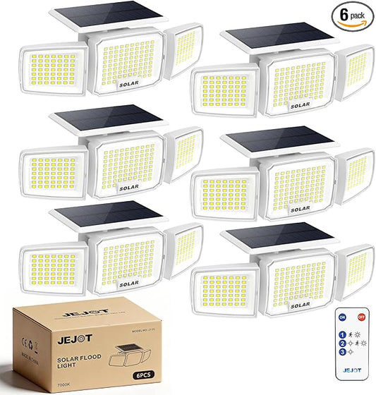 White Solar Security Light Outdoor Super Bright LED, Motion Sensor Flood Light, 3 Heads 270° Wide Angle, Remote Control, IP65 Waterproof, 3 Modes (6 Packs)