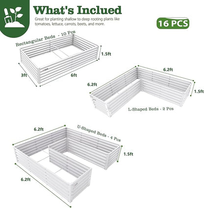 A ANLEOLIFE Set of 16, 18 Inch Tall Galvanized Raised Garden Beds Kit, Rectangular,U-Shaped & L Shaped Metal Planters – Ideal for Backyard Structured Garden Layouts, Antique White