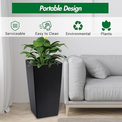 30 Inch Tall Self Watering Planters Set of 2, Outdoor Plant Pots with Automatic Watering System, Water Level Monitor, Drainage, Wheels & Inner Bucket, for Front Porch & Indoor Plants Black
