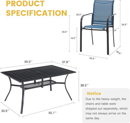 VICLLAX 7 Pieces Patio Dining Set for 6, Outdoor Furniture Set Includes 59" Rectangle Outdoor Table and 6 Stackable Patio Sling Chairs, Black Tabletop and Blue Fabric