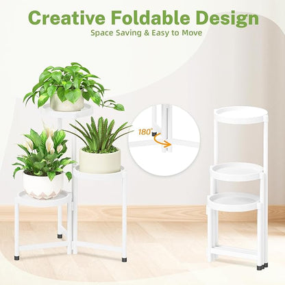 iDavosic.ly 3 Tier Folding Plant Stand Indoor Outdoor with Plastic Tray, Tiered Corner Flower Holder Shelf, Metal Orchid Display Rack for Patio Porch Living Room Garden Balcony, White
