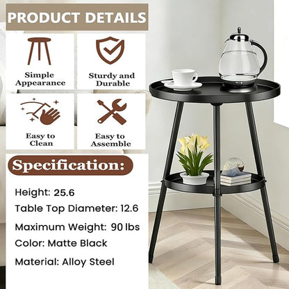 Side Table 2-Tier Small Round End Table Metal Black Accent Table for Small Spaces Indoor Outdoor Living Room Bedroom Balcony Office.