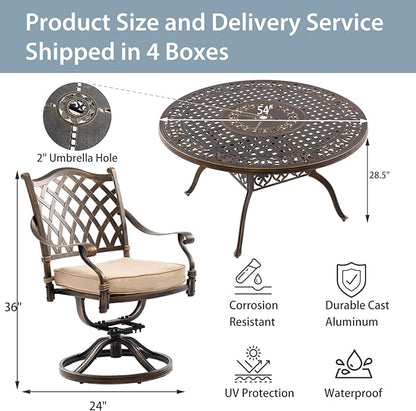 7-Piece Cast Aluminum Patio Furniture, Patio Dining Set for 6 Include 54" Round Outdoor Dining Table and 6 Swivel Chairs with Cushions & Umbrella Hole (Bronze)