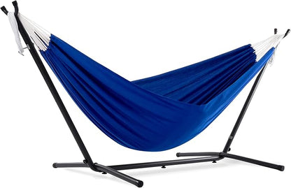 Vivere Double Polyester Hammock with Space Saving Steel Stand and Premium Carry Bag - 450 lb Capacity (Royal Blue)