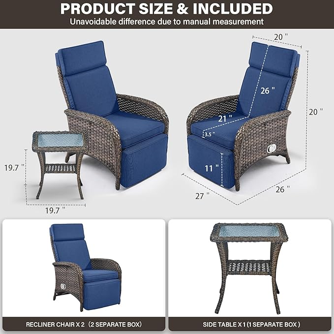 Belord Versatile Outdoor Recliner Chair Set of 3 - Reclining Patio Chair with Adjustable Backrest and Footrest, All-Weather Wicker Chaise Lounge Chair Outdoor with Side Table for Pool Deck Brown