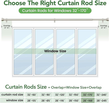 Curtain Rods for Windows 32 to 170, 1 Inch Adjustable Heavy Duty Long Window Outdoor Curtain Rod for Patio, Drapery Rods with Simple End Caps, Size 32"-170", Brushed Nickel