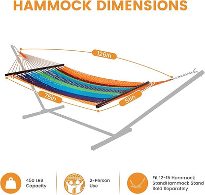 Lazy Daze Hammocks 10.5 FT Double 2 Person Caribbean Rope Hammock, Hand Woven Polyester Hammock with Spreader Bars, for Outside Outdoor Backyard Patio Poolside, 450 LBS Capacity, Multicolor