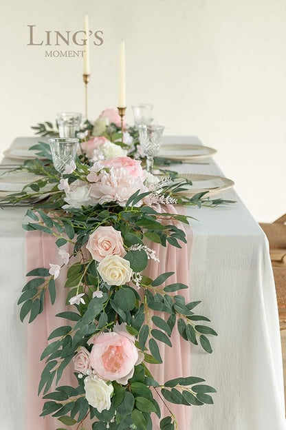 Artificial Flower Garland, 6 Ft Blush and Cream Eucalyptus Rose Runner