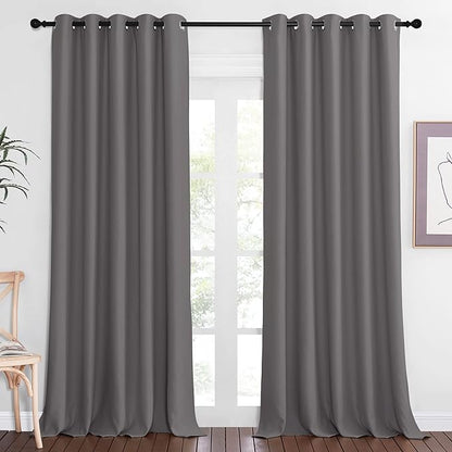 NICETOWN Blackout Grey Curtains Panel for Doorway Room Darkening - Noise Reducing Thermal Insulated Solid Ring Top Blackout Window Drapes for Farmhouse (1 Panel, 66 x 90 Inch, Gray)