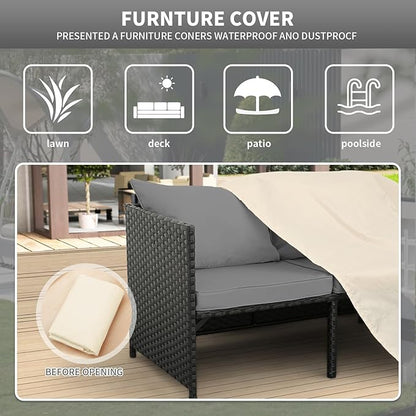 Valita 3-Piece Outdoor PE Rattan Furniture Set Patio Black Wicker Conversation Loveseat Sofa Sectional Couch Gray Cushion