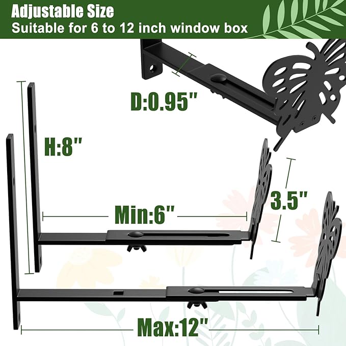 Adjustable Window Box Brackets, 6 to 12 inch Heavy Duty Window Planter Box Brackets, Butterfly Shape Wall Mount Flower Box Holder, 4 Pack