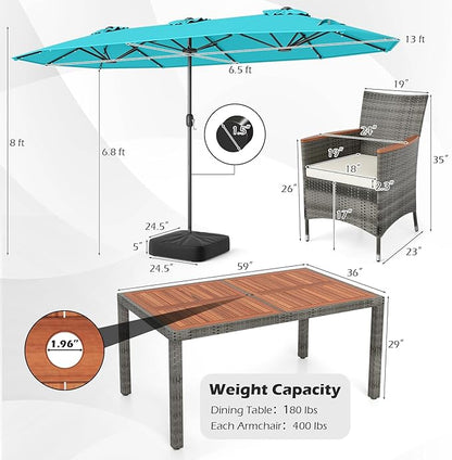 Tangkula 9 Pieces Rattan Outdoor Dining Set with 13Ft Solar Patio Umbrella for 6, Outdoor Wicker Table Set with 8 Cushioned Chairs, Acacia Wood Top, Outdoor Umbrella with Base Included