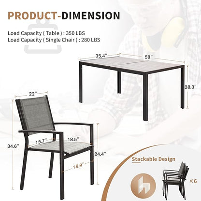 Devoko Patio Dining Set 7 Piece Outdoor Furniture with Rectangular Table and 6 Stackable Chairs Family Conversation Set for Garden Backyard Deck (Grey)