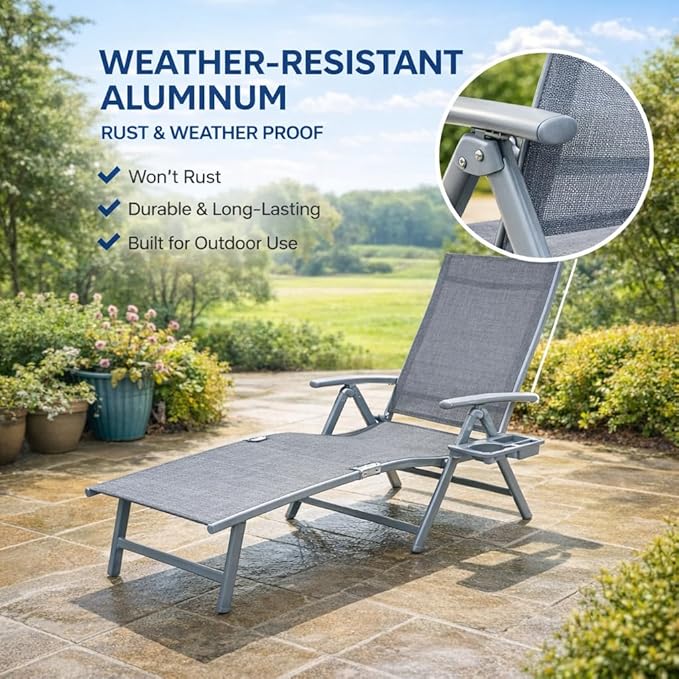 Kozyard Aluminum Outdoor Chaise Lounge Chair, Adjustable Reclining Patio Lounge with Drink Holder, Weather-Resistant Pool, Deck & Yard Recliner,Assemble-Free (Gray, 2Chairs)