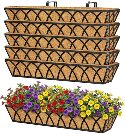 Y&M 30 Inch Fence Metal Hanging Flower Planter Window Basket Deck Railing Planter Boxes for Outdoor Garden Lawn, Window Deck with Coco Liner,6pcs