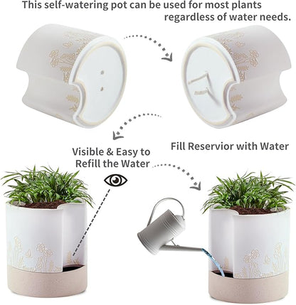 Nihow Self Watering Plant Pot: 8 Inch Ceramic Planter with Drainage Hole & Water Storage Plus for Indoor & Outdoor Plants - Cylinder Round Flower Pot for Succulent/Herbs/Violets - Nature & White