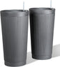 24" Large Planter Set of 2, Self Watering Tall Plastic Planters for Outdoor Plants, Modern Flower Pots Planter Outdoor for Patio, Front Door Decor, with Drainage (Gray Ribbed)