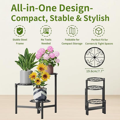 Metal Plant Stand Outdoor Indoor, 3 Tier Foldable Corner Tall Plant Shelf for Multiple Plants Flower Pot Holder Display Stand for Living Room Balcony Garden Patio -BlackS