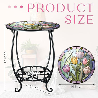 Outdoor Side Table Round Small Mosaic Patio Accent Indoor End Plant Coffee Tea Table for Yard Patio Porch Garden Living Room, Bedroom(Tulip Style,14 Inch)