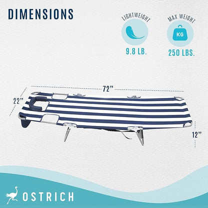 Ostrich the Backpack Chaise Lounge, Folding & Reclining Outdoor Beach Chaise Lounger Chair for Lawn, Pool, Patio, Garden, and Yard, Blue Stripe