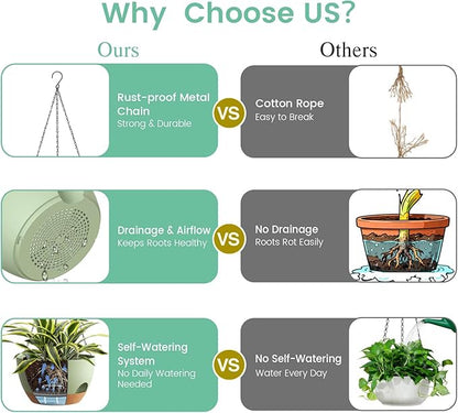 4 Pack 8 Inch Self Watering Hanging Planters for Indoor Outdoor Plants，Hanging Pots for Plants with Drainage Removable Tray, Hanging Baskets Flower Pots for Pothos Spider Garden Green with Brown