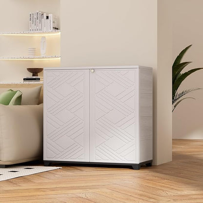 ADDOK Indoor Outdoor Plastic Storage Cabinet 34"x15"x34" with 1 Shelf, Outdoor Storage Shed for Living Room, Hallway, Balcony, Garage, Garden, Backyard-White