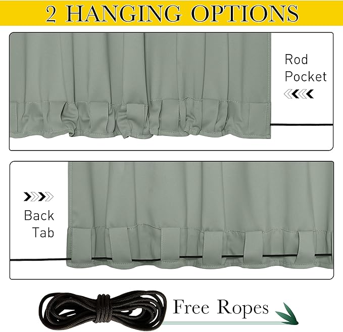 NICETOWN 2 Panels Weighted Outdoor Curtains for Patio, Grommet & Back Tab top and Bottom, Waterproof & Windproof Privacy Thermal Curtains Sun/Cold Block for Cabana with Rope, W52 x L84, Sage Green
