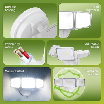 Philips 72W 7400LM LED Flood Lights Outdoor, Switch Controlled Aluminum Security Lights, 3 Adjustable Heads, Wall Mount, 5000K Daylight, Waterproof for Yard, Garage (2 Packs)