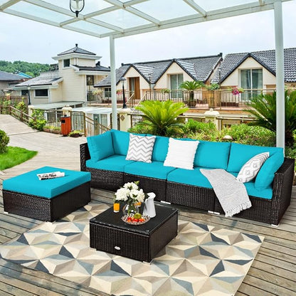 Tangkula 6 Piece Patio Furniture Set, Outdoor Deck Lawn Backyard Durable Steel Frame PE Rattan Wicker Sectional Sofa Set, Conversation Set with Coffee Table (Turquoise)