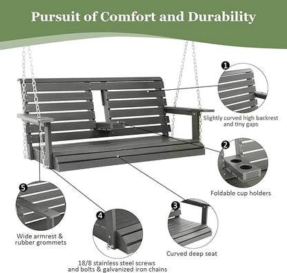 Poly Lumber 2-Seat Porch Swing, HIPS 4.5-Feet Bench Swing with Foldable Cup Holders,18/8 Stainless Steel Hardware, High Backrest and Deep Contoured Seat (Deep Gray, 4.5-feet)