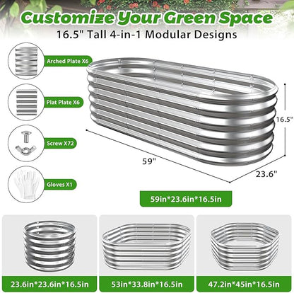 17" Tall Outdoor Garden Raised Garden Bed Kits, 5ft X 2ft Oval,0.8MM Thick Metal Raised Planter Bed/Ground Planter Box for Variety of Flowers,Herbs,Vegetables (Silver, 60X24X16.5 Inches)