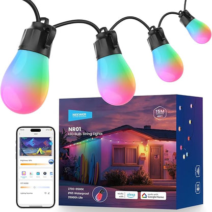 NEEWER 48ft Outdoor String Lights, App Control Smart AI RGBW Hanging Outside Patio Balcony Backyard Holiday Lighting, IP65 Waterproof, 15 LED Bulbs, 50+ Scenes, Compatible with Alexa Google, NR01