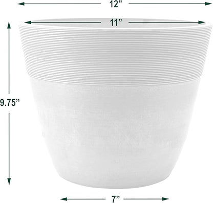 PSW Pot Collection FM30TP 12-inch Plastic/Stone/Wood Composite Large Ribbed Planter – No Drainage Hole (Drillable), Indoor/Outer Garden Pot for Foliage, Trees, Flowers, Ferns, Taupe