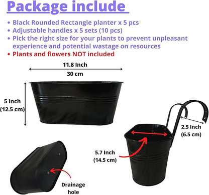 LaLaGreen Rail Planter Outdoor Plants(5 Pack, 11.8 Inch) Black Metal Iron Hanging Flower Pots Deck Railings Fence Buckets Modern Countryside Boho Style Wall Mount Window Box Plant Holder Porch Decor