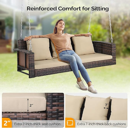 VINGLI Heavy Duty 800 LBS Wicker Hanging Porch Swing with Cushions & Chains, 5FT Outdoor Rattan Swing Bench for Garden, Yard, Lawn (Brown)